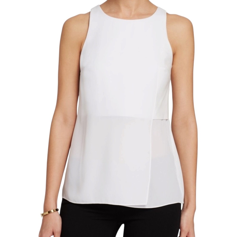 Bailey 44 Blouse Womens‎ White Medium Faux Leather Sheer Asymmetrical Sleeveless